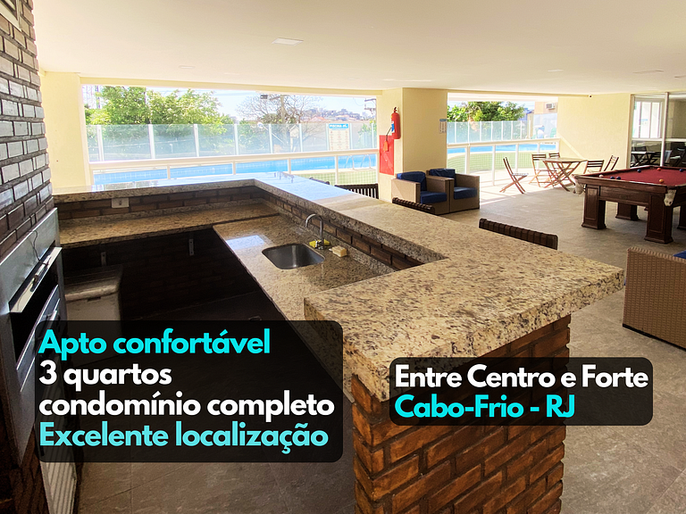 Apto 3 qts AR Piscina Churrasqueira Centro Forte Cabo Frio